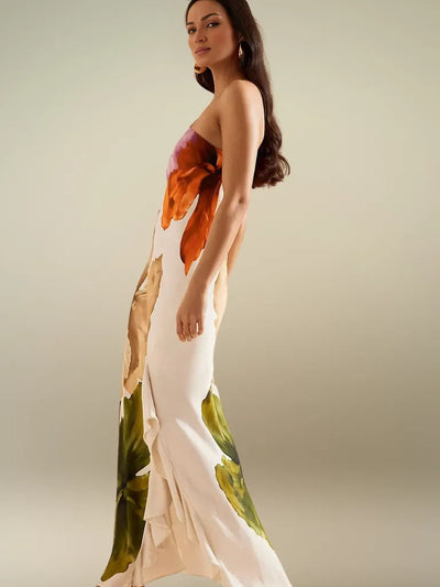 FLORÉLIA ASYMMETRICAL SATIN MAXI DRESS