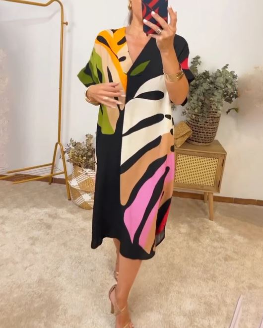 Casual Dress with Colorful Leaf Print
