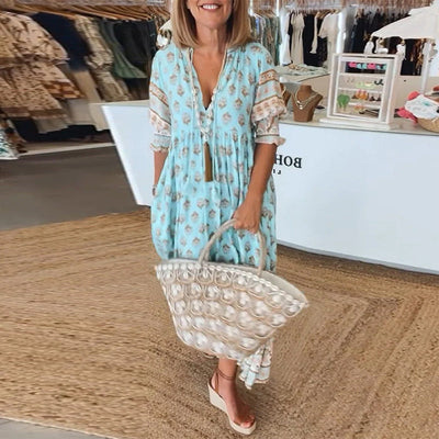 GIULIA | Printed Midi Dress with V-Neck and Elegant Balloon Sleeves