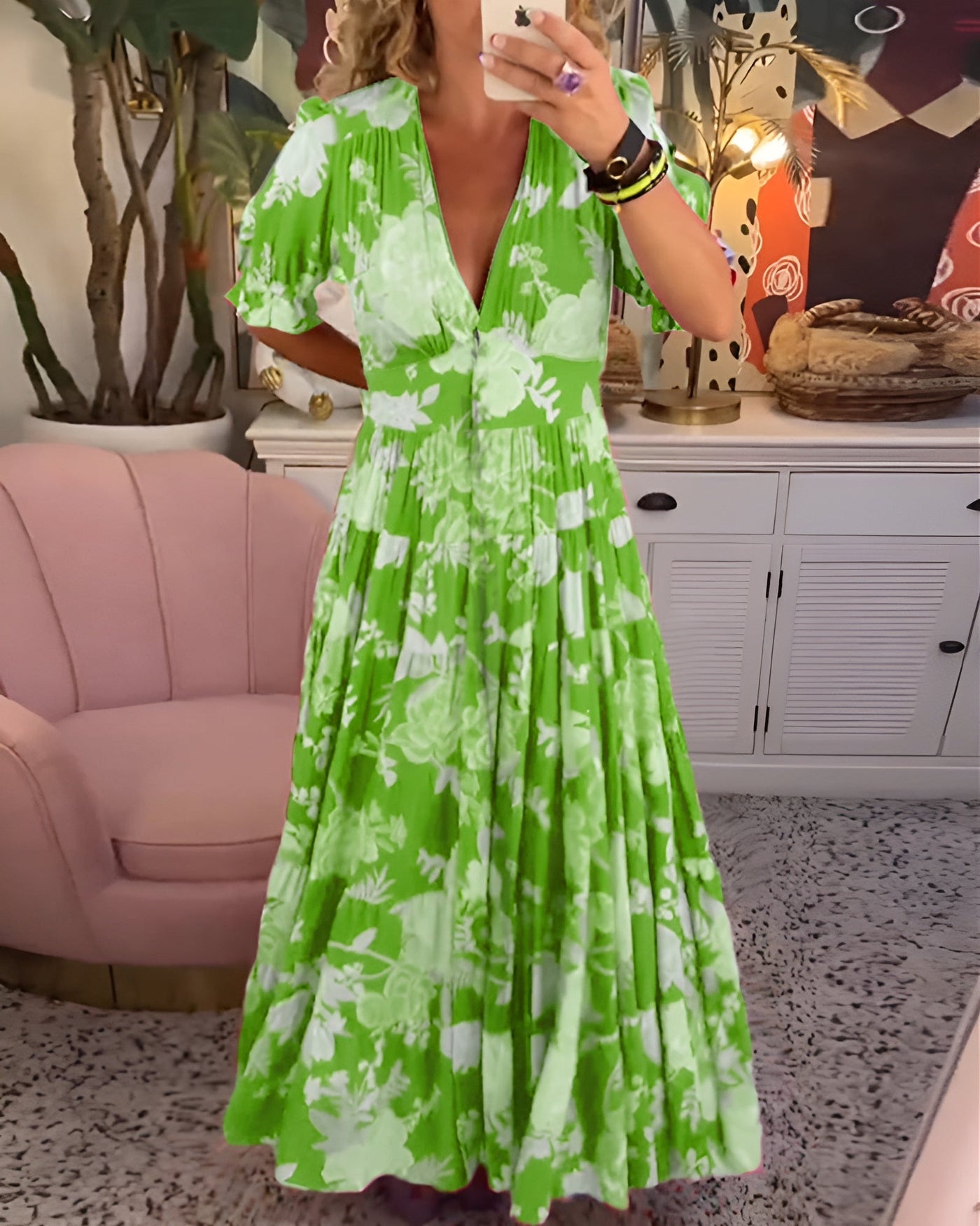 CATERINA | Long Floral Dress with Hidden Pockets and Feminine Day Cut