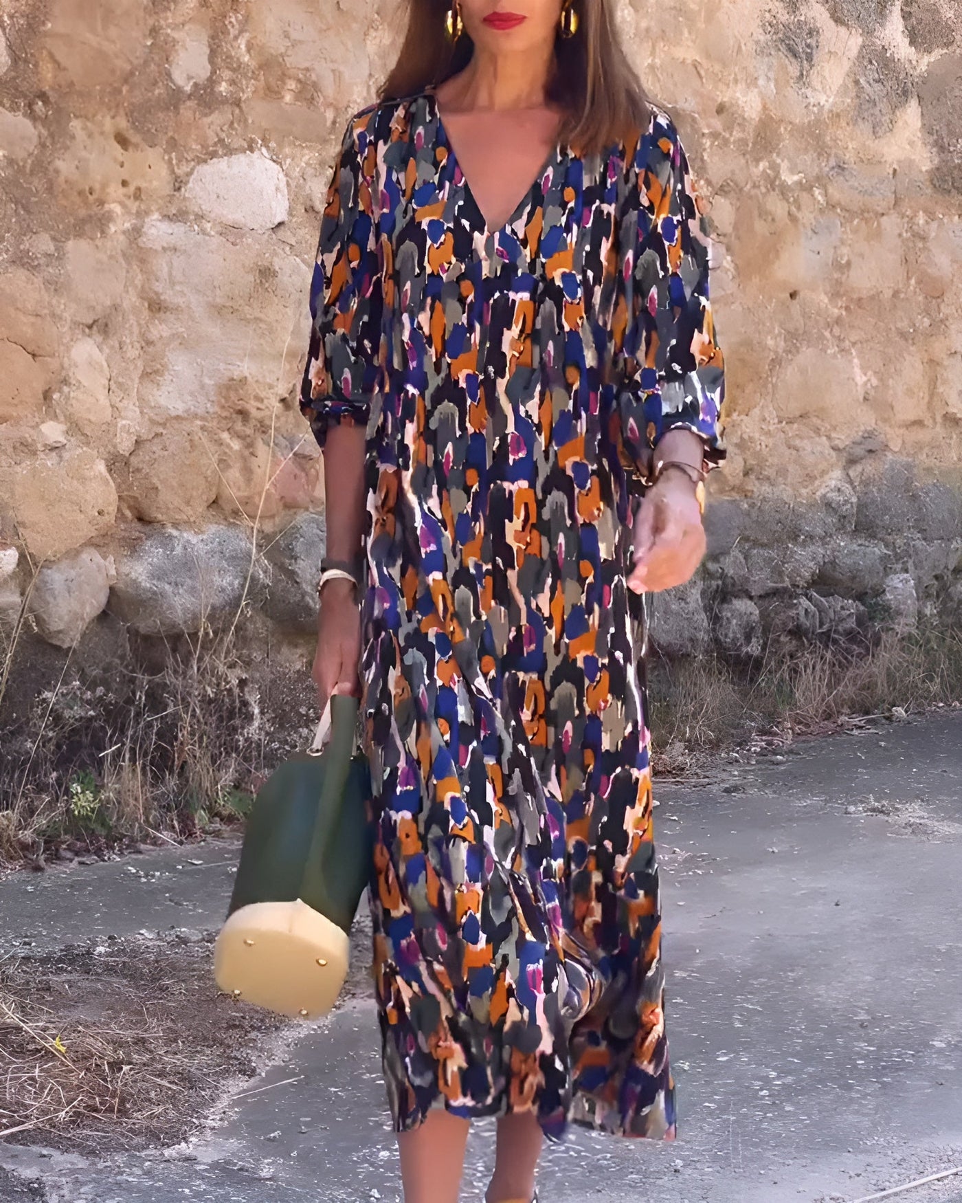 VIOLETTA | Long V-Neck Dress with Retro Pattern and Elegant Comfort for Every Moment