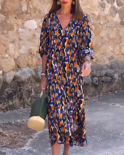 VIOLETTA | Long V-Neck Dress with Retro Pattern and Elegant Comfort for Every Moment
