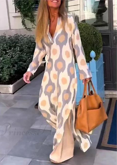 Boho V-Neck Dress with Geometric Print and Autumn Slit