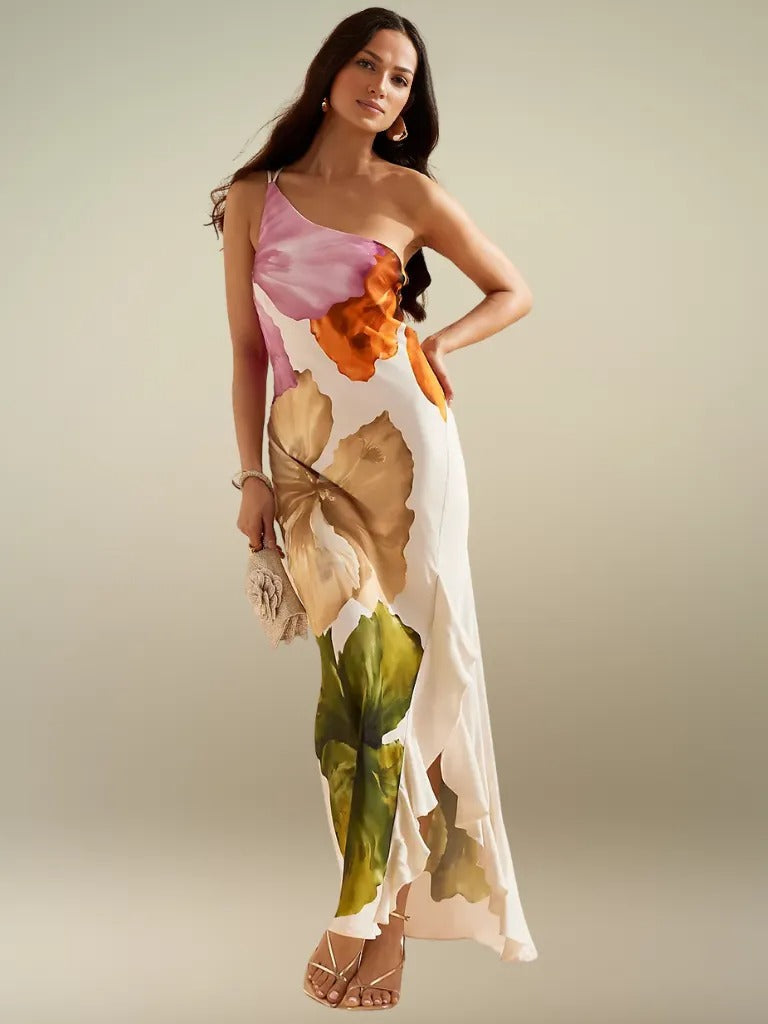 FLORÉLIA ASYMMETRICAL SATIN MAXI DRESS