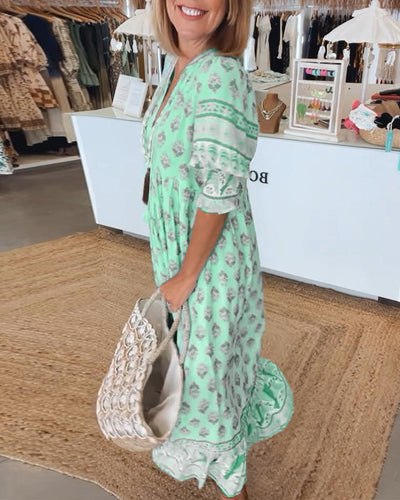 GIULIA | Printed Midi Dress with V-Neck and Elegant Balloon Sleeves