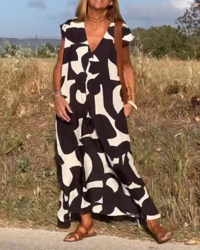 NAOMI | Long Printed Dress with V-Neck and Flared Line for a Holiday Look