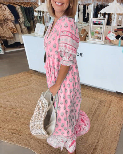 GIULIA | Printed Midi Dress with V-Neck and Elegant Balloon Sleeves