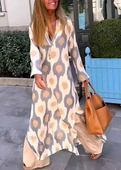 Boho V-Neck Dress with Geometric Print and Autumn Slit