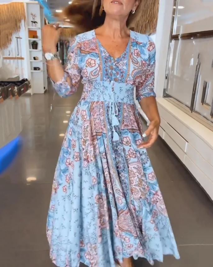 V-neck Holiday Dress with 3/4 Sleeves