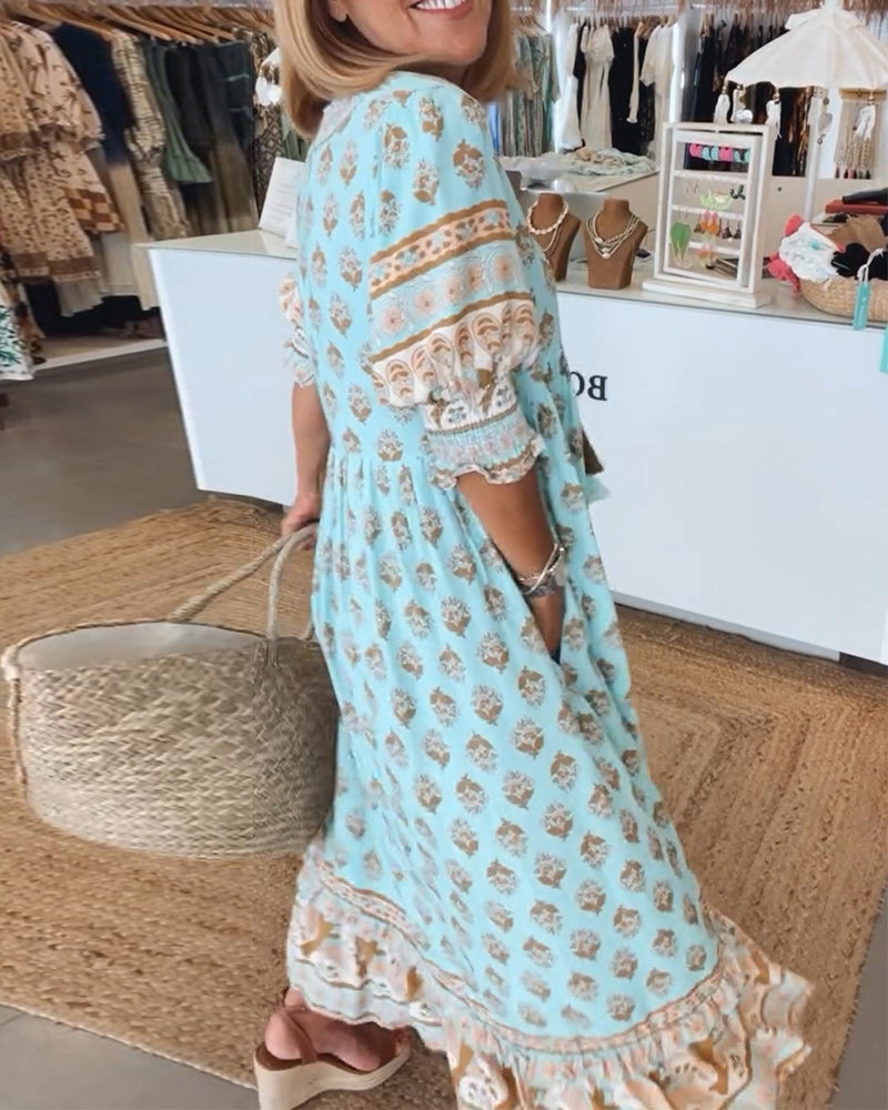 GIULIA | Printed Midi Dress with V-Neck and Elegant Balloon Sleeves