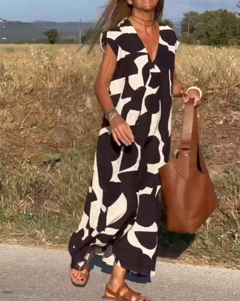 NAOMI | Long Printed Dress with V-Neck and Flared Line for a Holiday Look