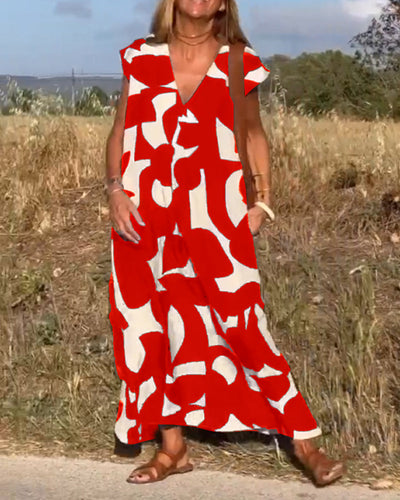 NAOMI | Long Printed Dress with V-Neck and Flared Line for a Holiday Look
