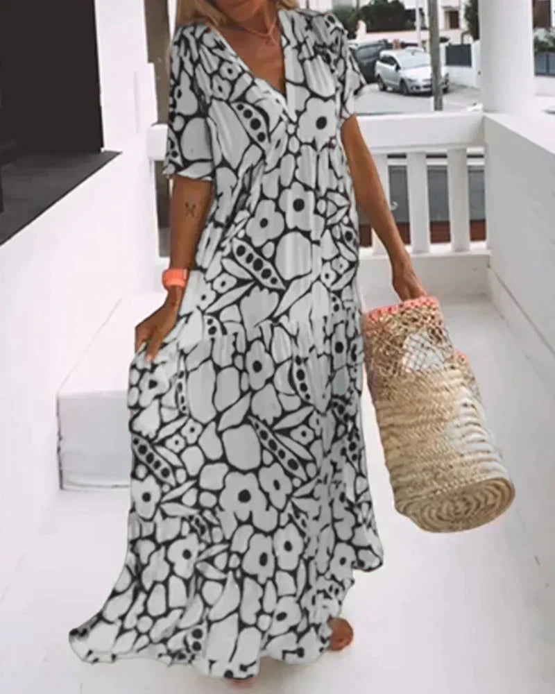 CHRISTINE | Long Summer Dress with Fluid Cut and Elegant Graphic Pattern