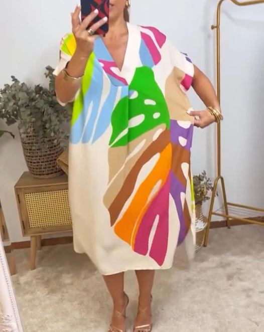 Casual Dress with Colorful Leaf Print