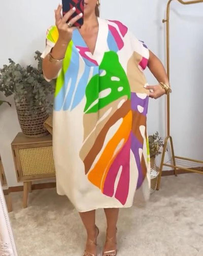 Casual Dress with Colorful Leaf Print
