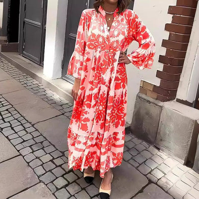 Attractive Maxi Dress with V-Neck and 3/4 Sleeves