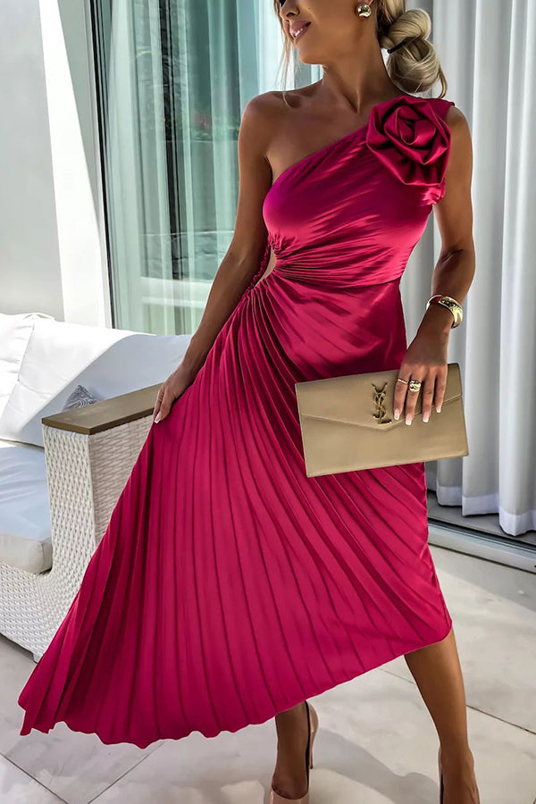 Orielle - One Shoulder Flower Decor Irregular Pleated Dress