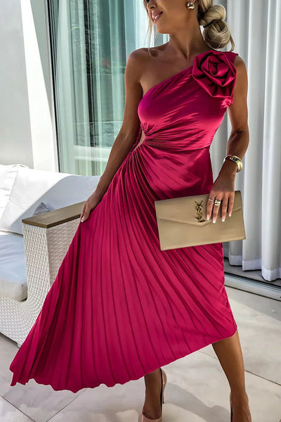 Orielle - One Shoulder Flower Decor Irregular Pleated Dress