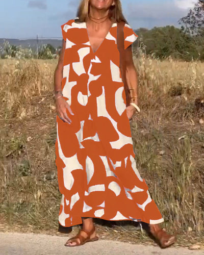 NAOMI | Long Printed Dress with V-Neck and Flared Line for a Holiday Look