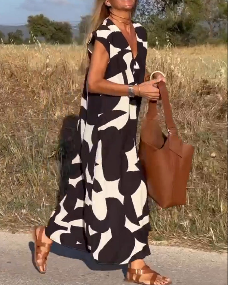 NAOMI | Long Printed Dress with V-Neck and Flared Line for a Holiday Look