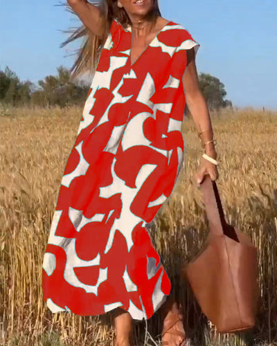 NAOMI | Long Printed Dress with V-Neck and Flared Line for a Holiday Look