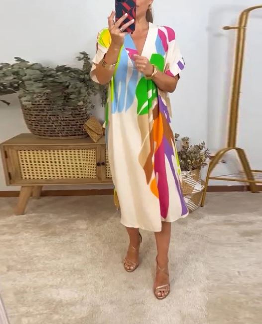 Casual Dress with Colorful Leaf Print