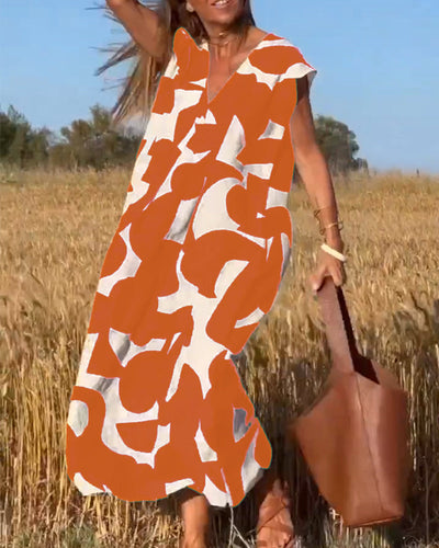 NAOMI | Long Printed Dress with V-Neck and Flared Line for a Holiday Look