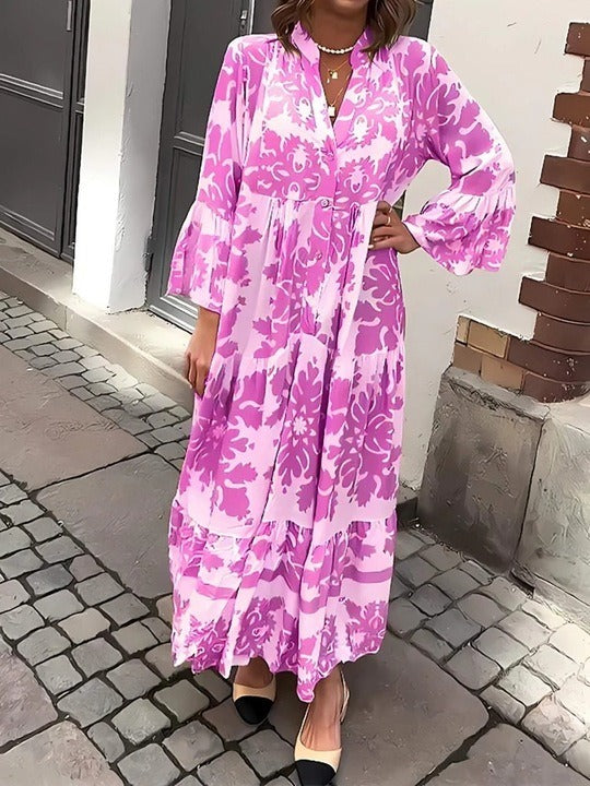Attractive Maxi Dress with V-Neck and 3/4 Sleeves