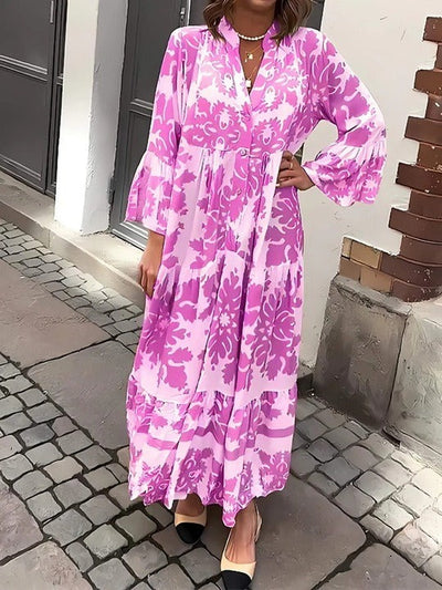 Attractive Maxi Dress with V-Neck and 3/4 Sleeves