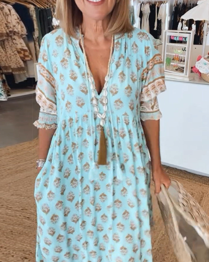 GIULIA | Printed Midi Dress with V-Neck and Elegant Balloon Sleeves