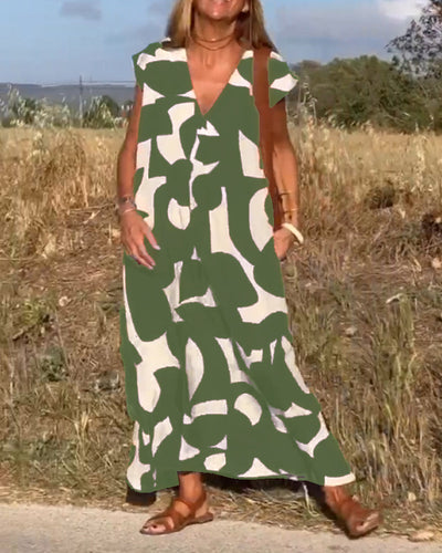 NAOMI | Long Printed Dress with V-Neck and Flared Line for a Holiday Look