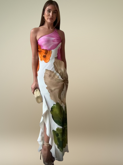 FLORÉLIA ASYMMETRICAL SATIN MAXI DRESS