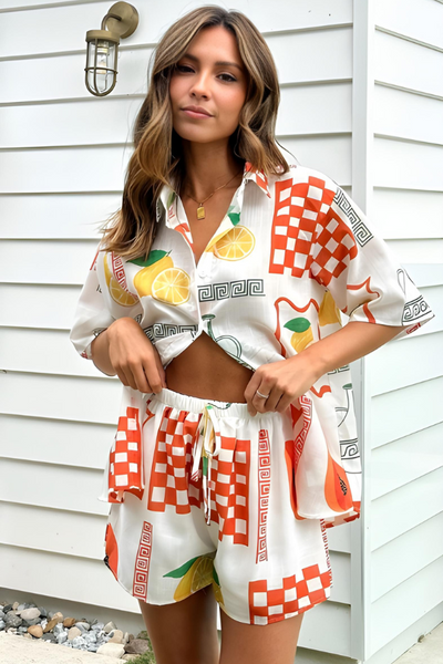 Erin -  Lemon Print Oversized Shirt & Shorts Set