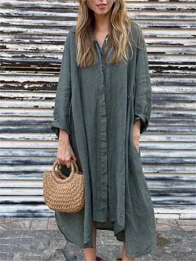 Loose Long Sleeve Hemp and Cotton Shirt Dress 2025
