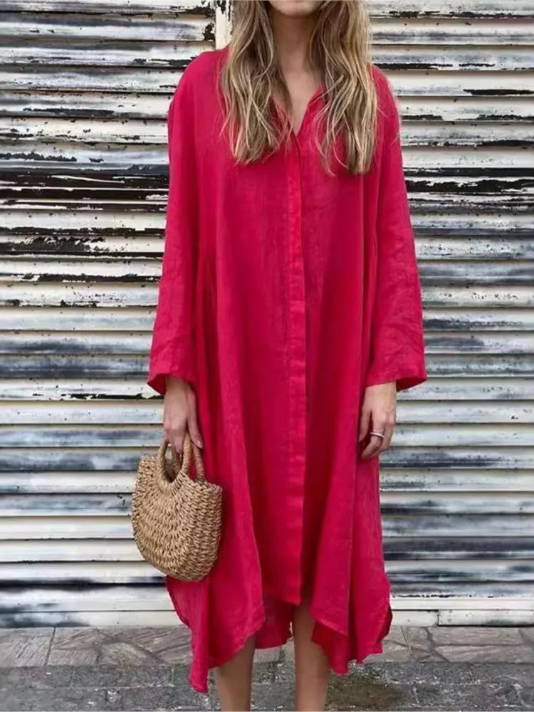 Loose Long Sleeve Hemp and Cotton Shirt Dress 2025