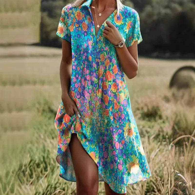 Carla™ | Floral Button-Up Dress with V-Neck