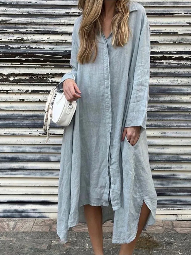Loose Long Sleeve Hemp and Cotton Shirt Dress 2025