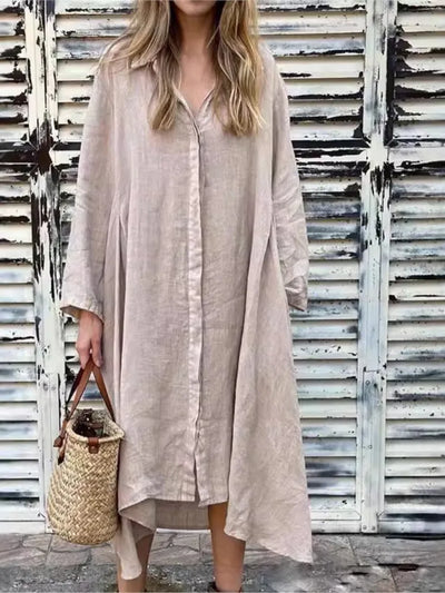 Loose Long Sleeve Hemp and Cotton Shirt Dress 2025