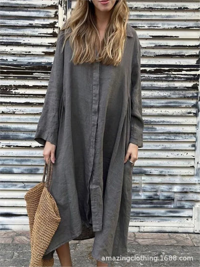 Loose Long Sleeve Hemp and Cotton Shirt Dress 2025