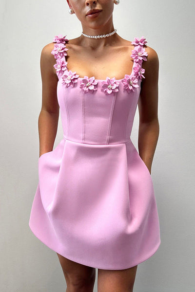 Cindy | Feminine Mini Dress with Floral Applications