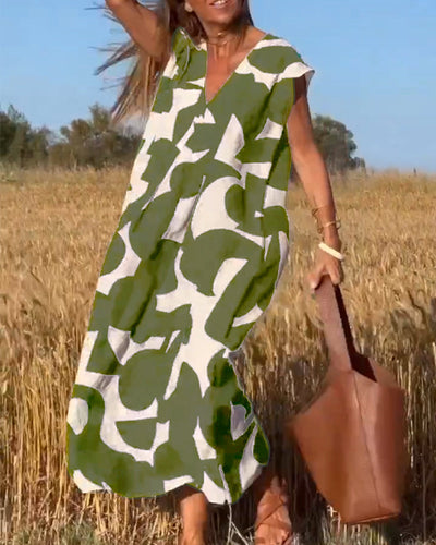 NAOMI | Long Printed Dress with V-Neck and Flared Line for a Holiday Look