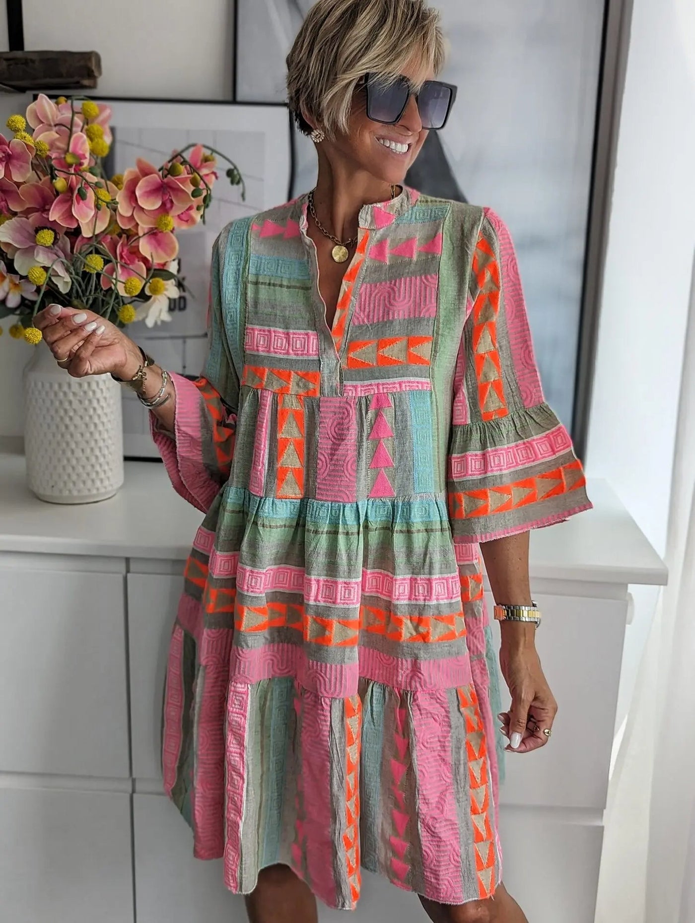 Chloe – Short Boho Dress with Striped Print