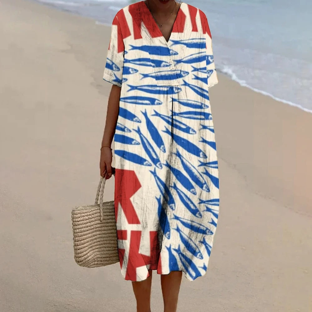 Sardina – Casual Elegance with Blue Fish Print