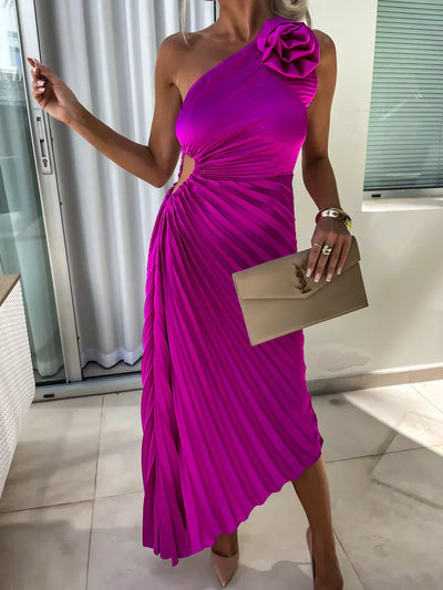 Orielle - One Shoulder Flower Decor Irregular Pleated Dress