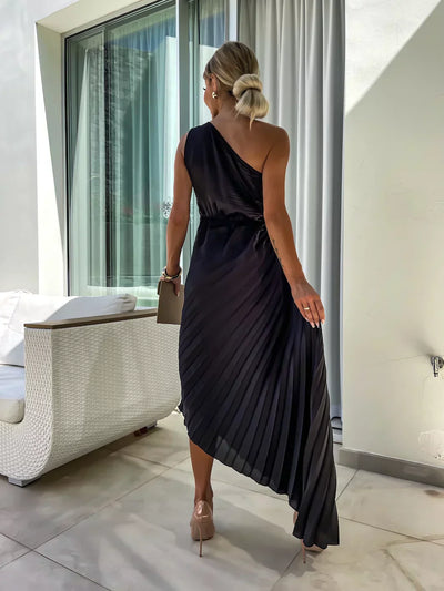 Orielle - One Shoulder Flower Decor Irregular Pleated Dress