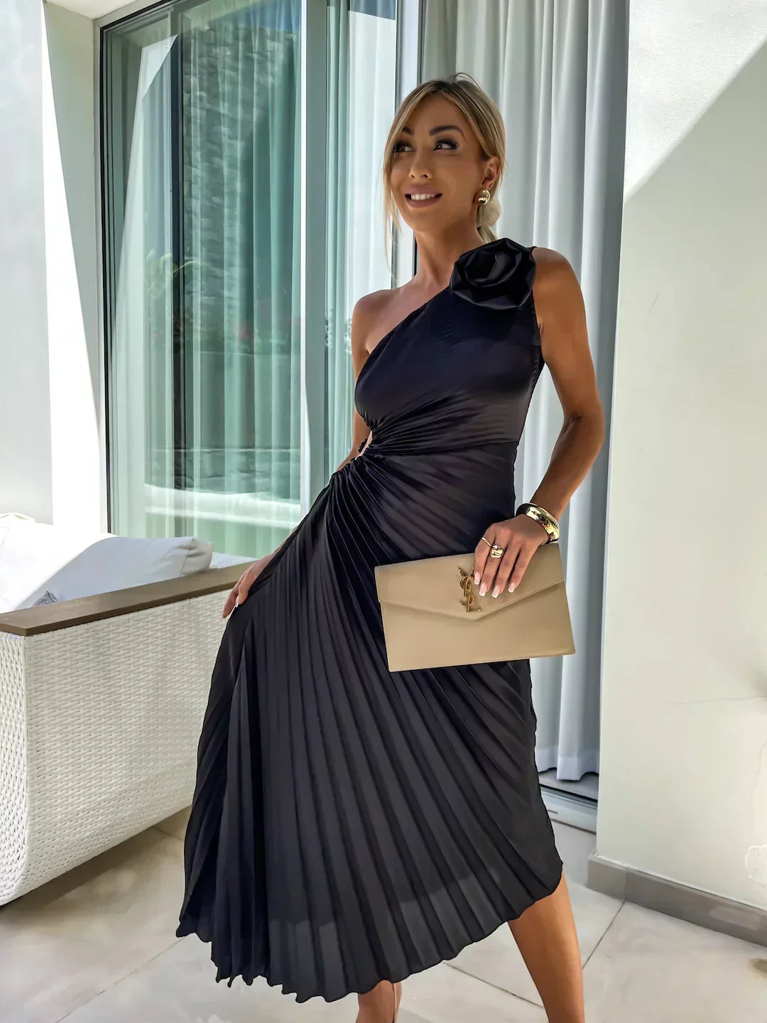 Orielle - One Shoulder Flower Decor Irregular Pleated Dress