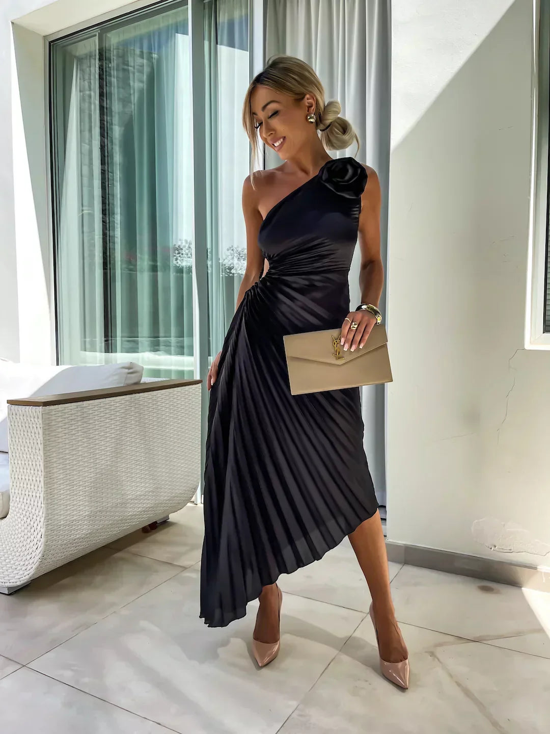 Orielle - One Shoulder Flower Decor Irregular Pleated Dress