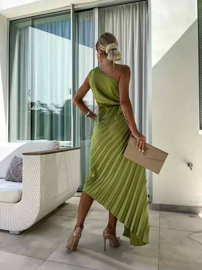 Orielle - One Shoulder Flower Decor Irregular Pleated Dress