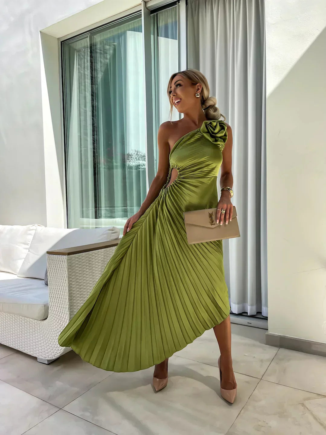 Orielle - One Shoulder Flower Decor Irregular Pleated Dress