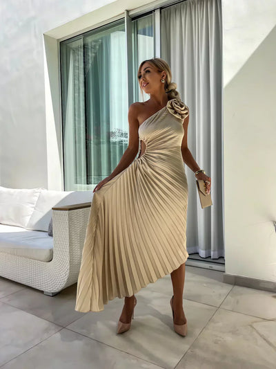 Orielle - One Shoulder Flower Decor Irregular Pleated Dress